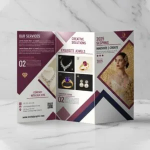 Premium Trifold and Bifold Brochure Printing Service in Delhi by Printel Deziner showcasing Jewelry and Corporate designs.