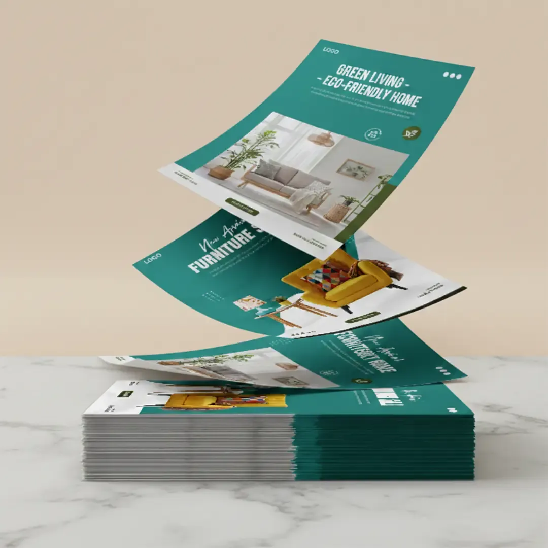 Stack of premium green eco-friendly home furniture flyers printed by Printel Deziner Delhi