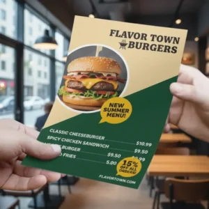 Stack of premium green eco-friendly home furniture flyers printed by Printel Deziner Delhi