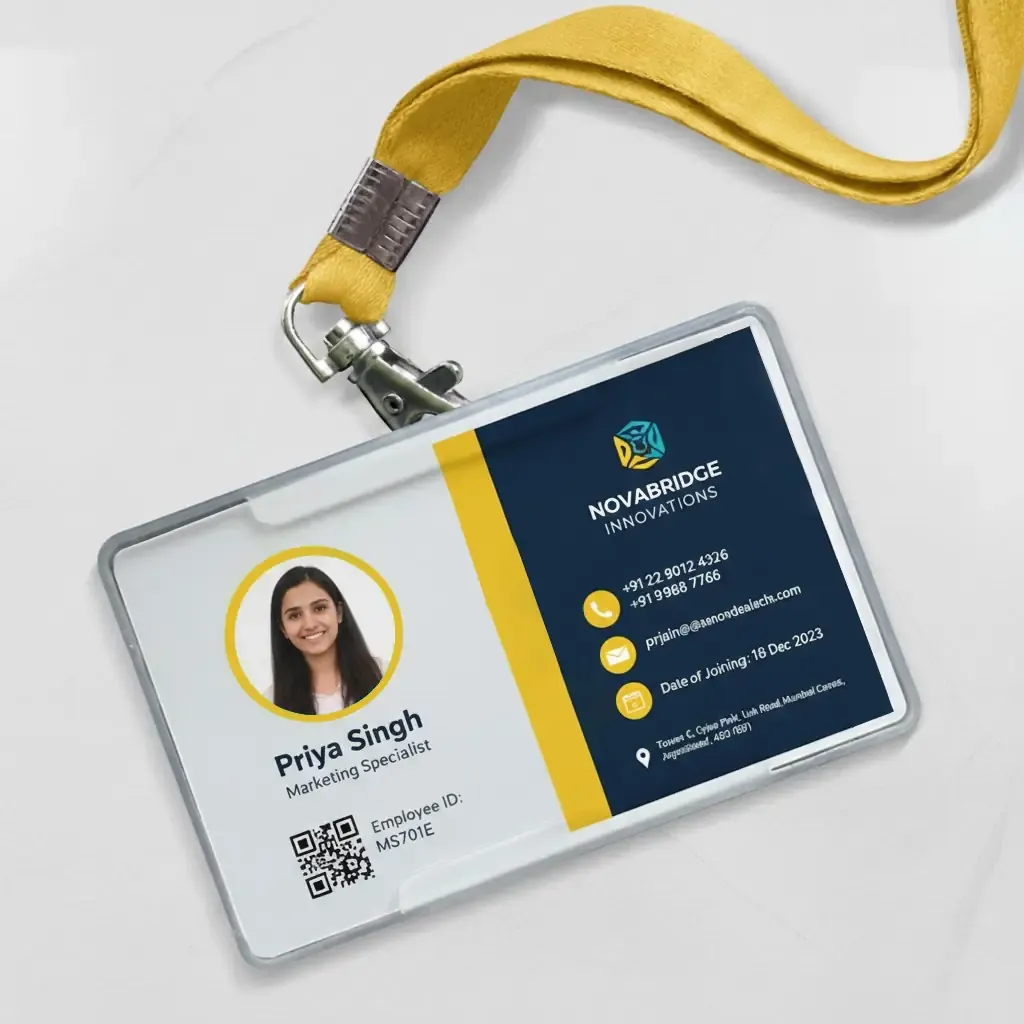 Custome ID Cards 3 Premium ID Card Printing in Delhi by Printel Deziner showing custom employee badges for Novabridge Innovations and Aerotech Solutions with yellow and blue lanyards