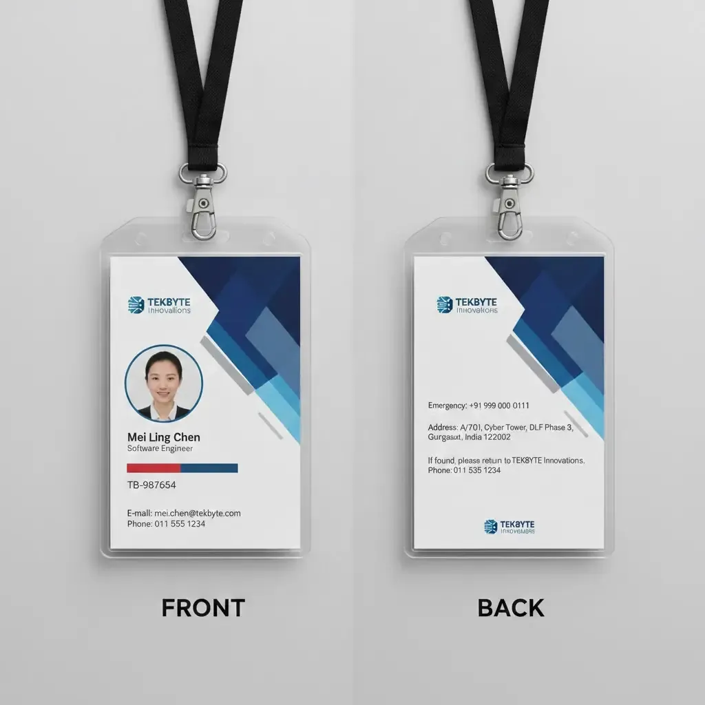 Custome ID Cards 1 Premium ID Card Printing in Delhi by Printel Deziner showing custom employee badges for Novabridge Innovations and Aerotech Solutions with yellow and blue lanyards