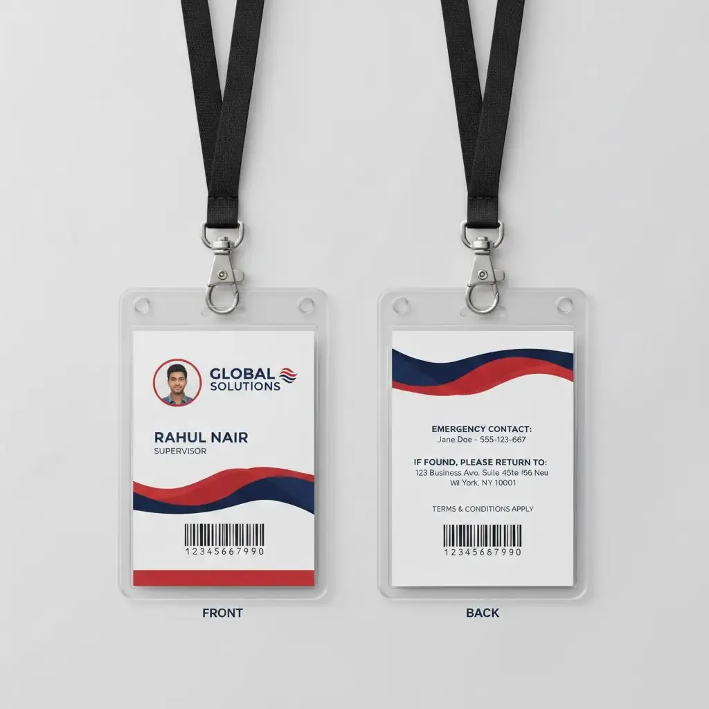 Premium ID Card Printing in Delhi by Printel Deziner showing custom employee badges for Novabridge Innovations and Aerotech Solutions with yellow and blue lanyards