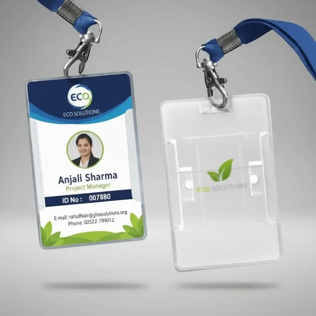 Custome ID Cards 4 Premium ID Card Printing in Delhi by Printel Deziner showing custom employee badges for Novabridge Innovations and Aerotech Solutions with yellow and blue lanyards