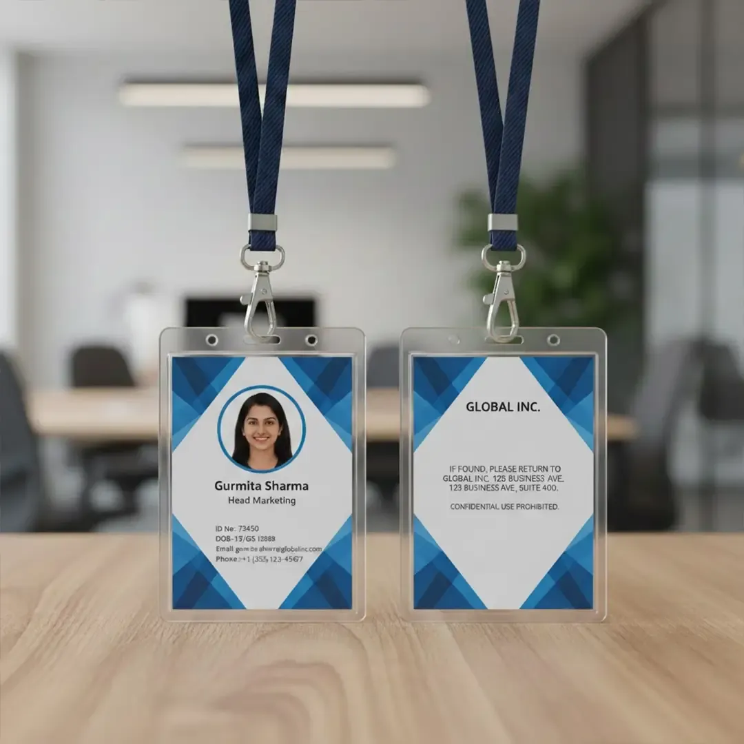 Premium ID Card Printing in Delhi by Printel Deziner showing custom employee badges for Novabridge Innovations and Aerotech Solutions with yellow and blue lanyards