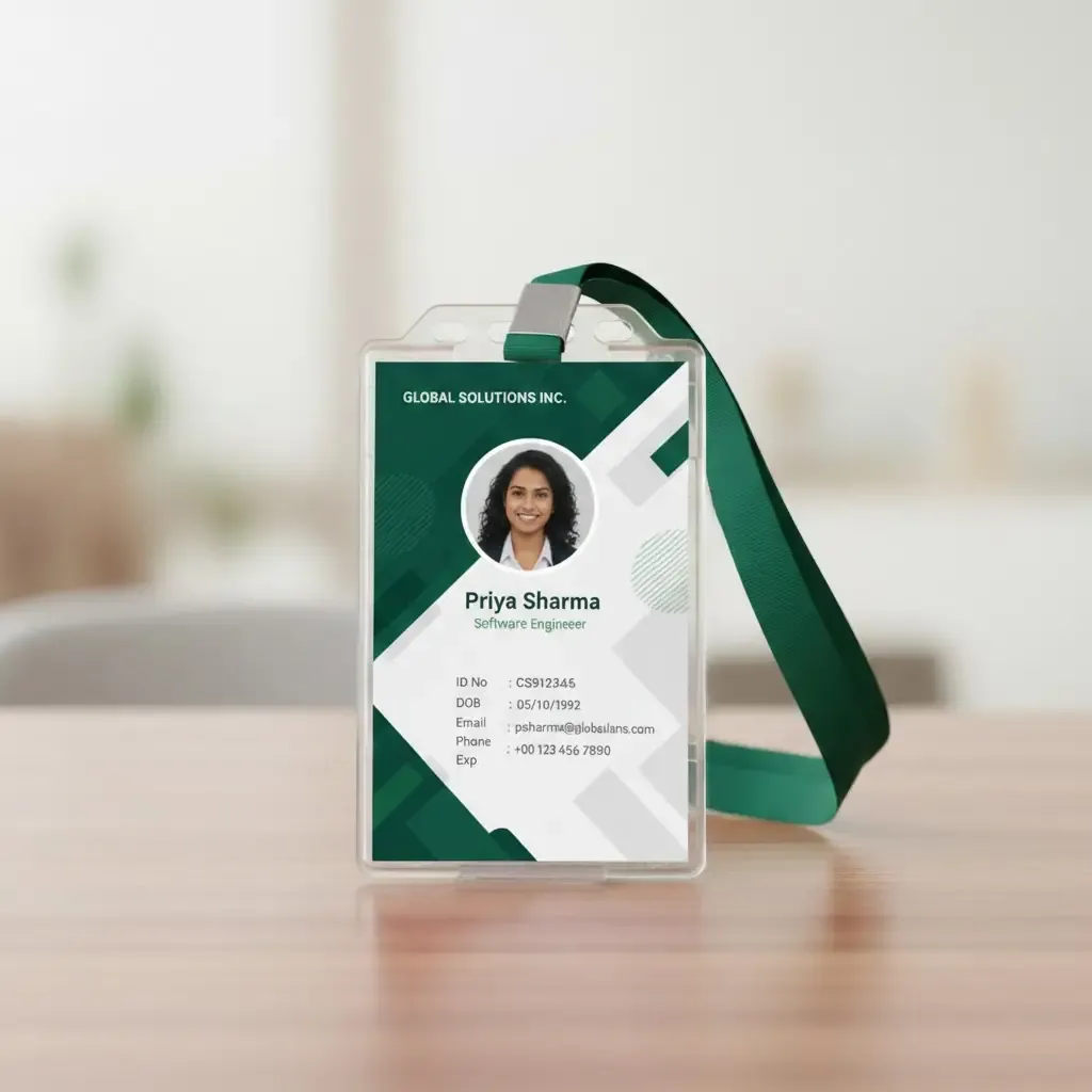 Custome ID Cards 2 Premium ID Card Printing in Delhi by Printel Deziner showing custom employee badges for Novabridge Innovations and Aerotech Solutions with yellow and blue lanyards