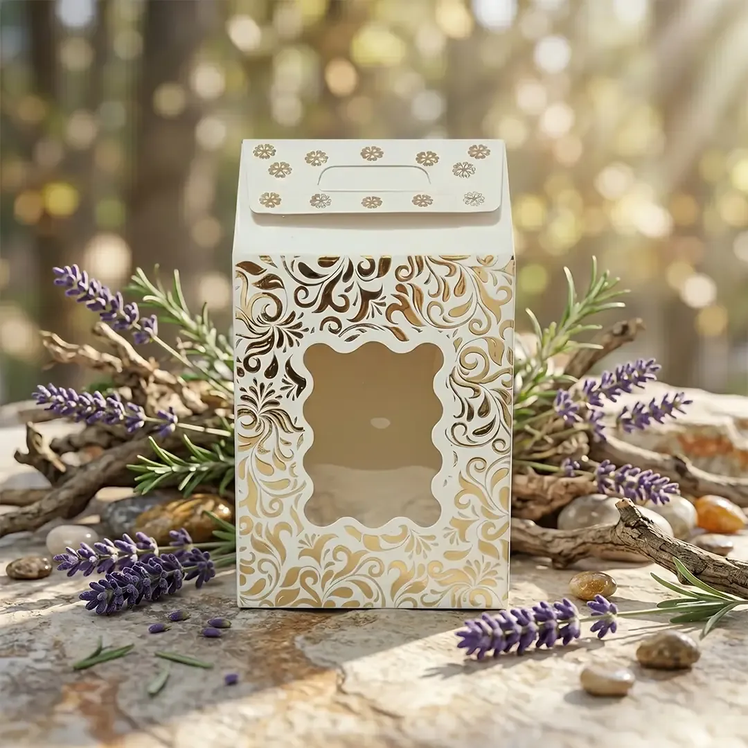 Gold Foil Hut-Style Window Gift Box 3 Premium Gold Foil Gift Box Printing in Delhi by Printel Deziner featuring white Hut Shape boxes with intricate gold filigree patterns and die-cut windows