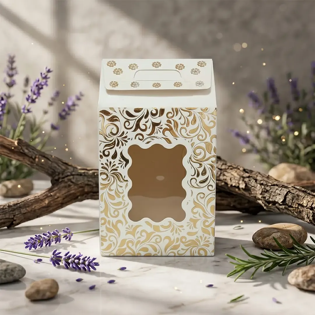 Gold Foil Hut-Style Window Gift Box 2 Premium Gold Foil Gift Box Printing in Delhi by Printel Deziner featuring white Hut Shape boxes with intricate gold filigree patterns and die-cut windows