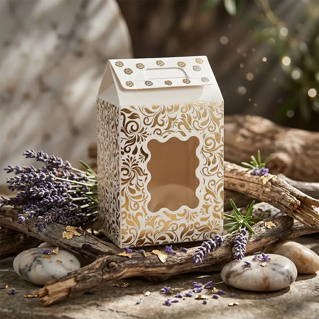 Gold Foil Hut-Style Window Gift Box 1 Premium Gold Foil Gift Box Printing in Delhi by Printel Deziner featuring white Hut Shape boxes with intricate gold filigree patterns and die-cut windows