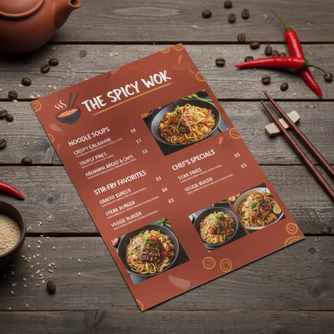 Premium Menu Card Printing in Delhi by Printel Deziner showing custom restaurant menu designs with high-quality food photography and elegant layouts.