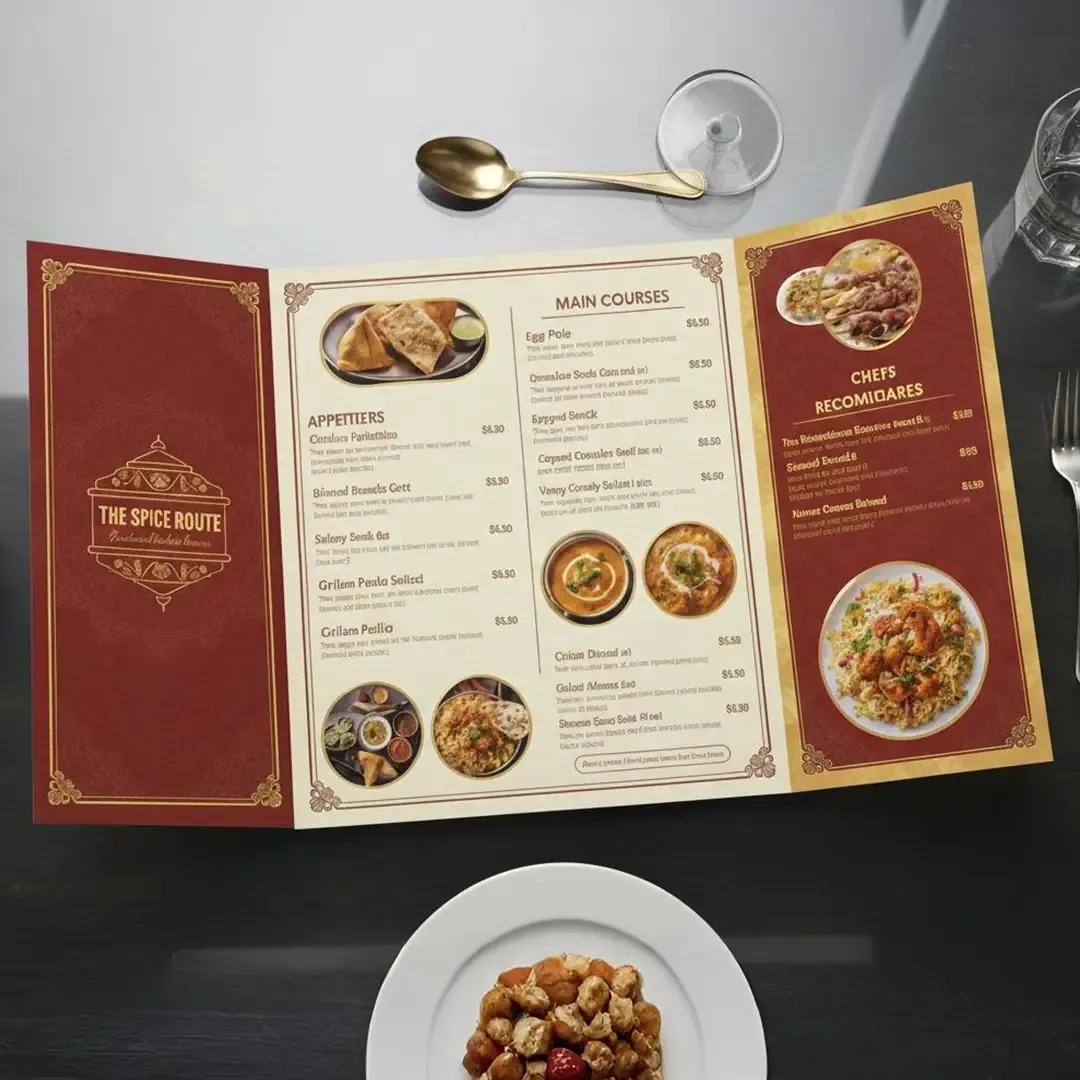 Premium Menu Card Printing in Delhi by Printel Deziner showing custom restaurant menu designs with high-quality food photography and elegant layouts.