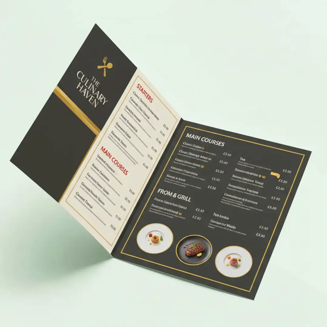 Menu Cards 2 Premium Menu Card Printing in Delhi by Printel Deziner showing custom restaurant menu designs with high-quality food photography and elegant layouts.