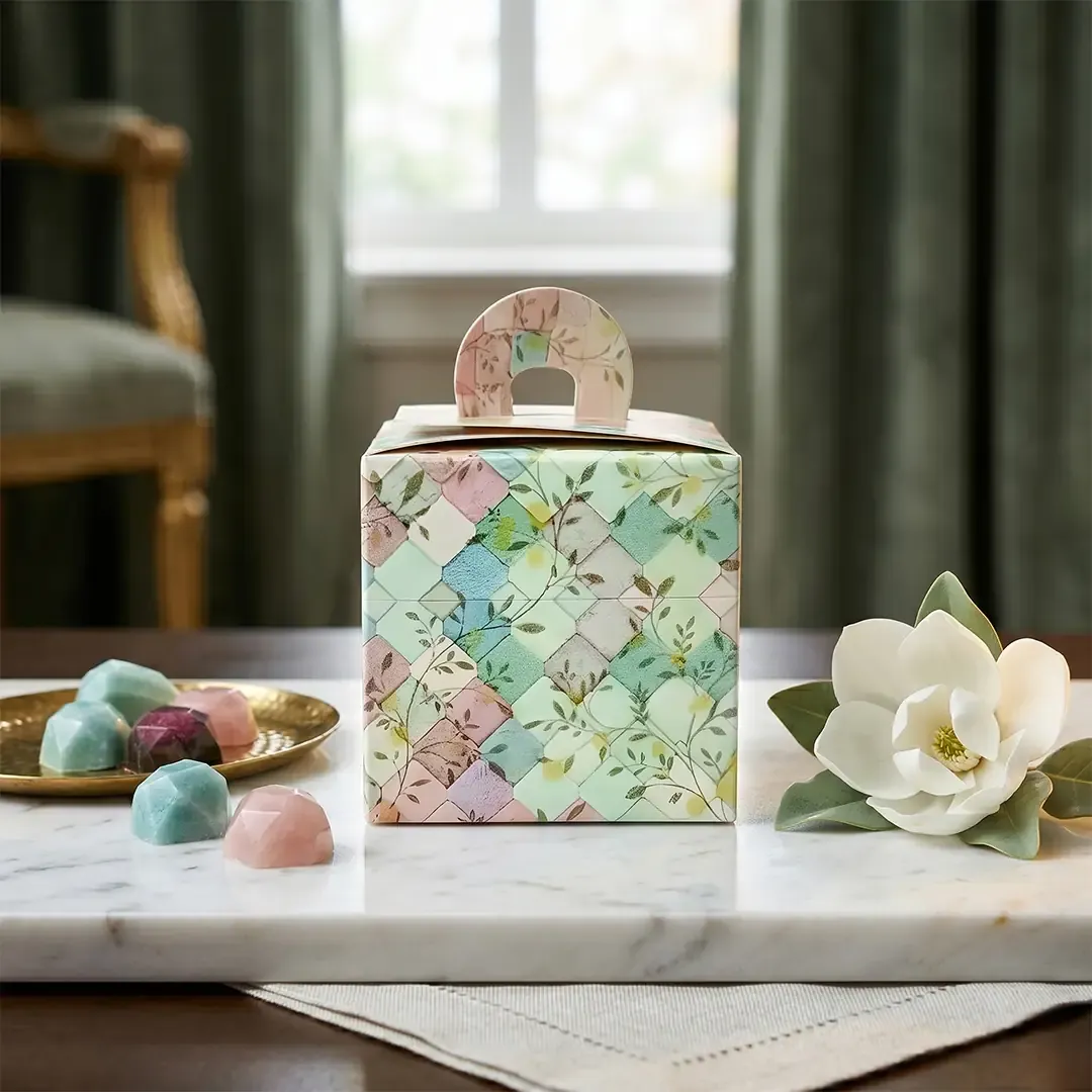 Premium Mini Hut Shape Gift Boxes by Printel Deziner Delhi featuring pastel floral prints and die-cut windows, perfect for jewelry and single wedding favors