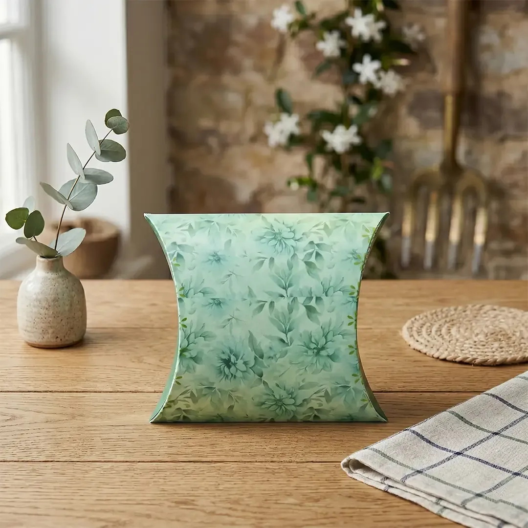 Pillow Shape Box - Big 3 Custom floral print pillow shape gift boxes by Printel Deziner Delhi, ideal for wedding favors and luxury product packaging