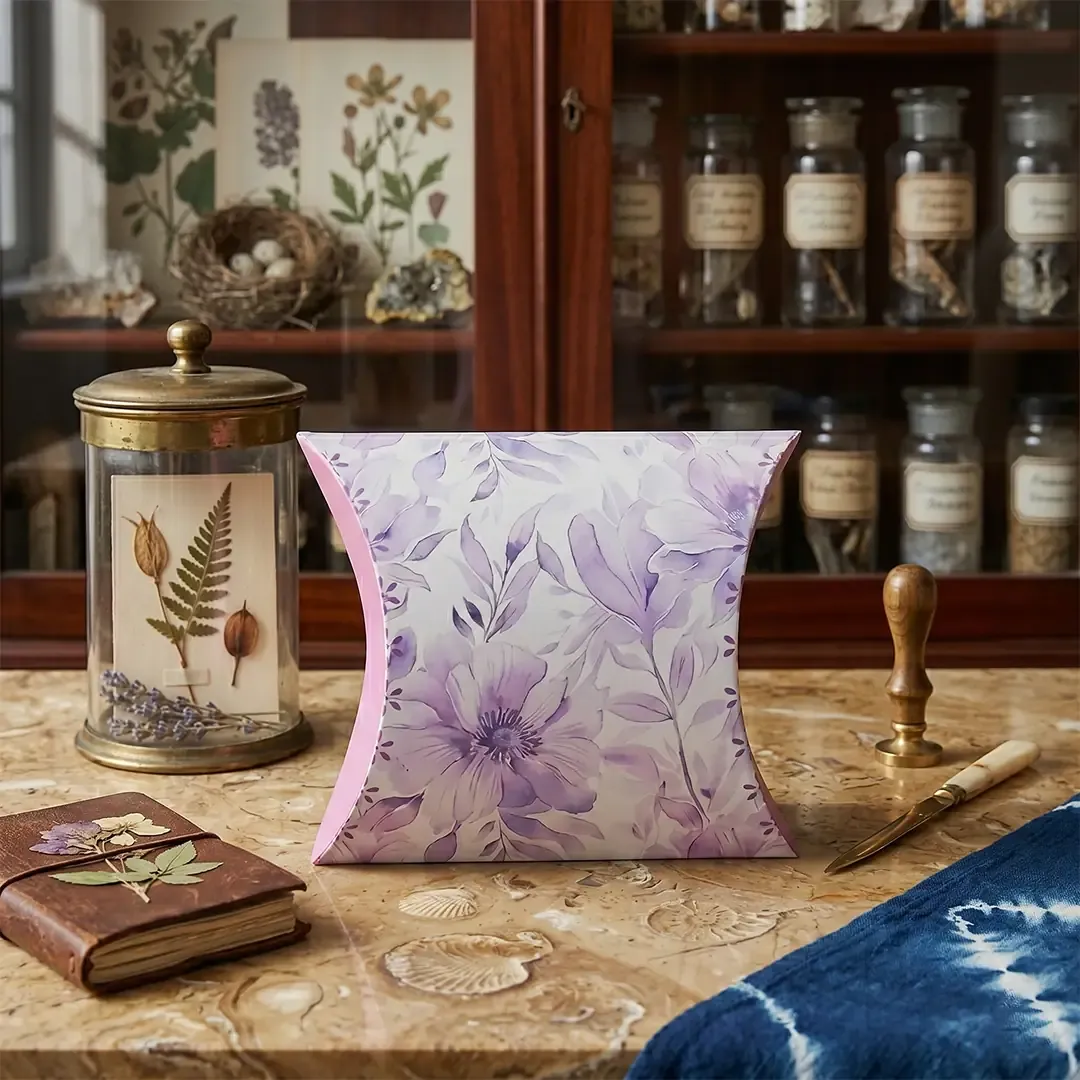 Pillow Shape Box - Big 2 Custom floral print pillow shape gift boxes by Printel Deziner Delhi, ideal for wedding favors and luxury product packaging