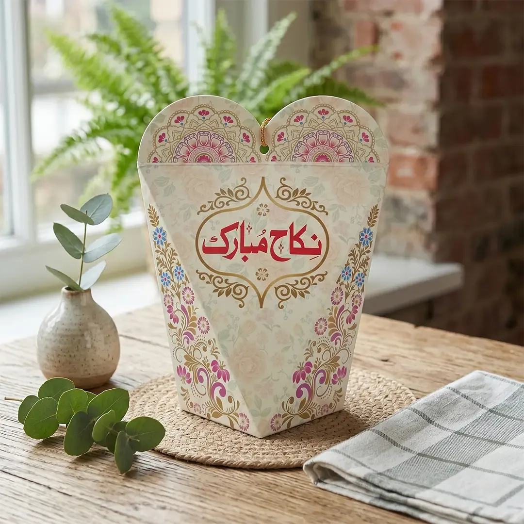 Premium Nikah Mubarak Gift Box Printing in Delhi by Printel Deziner featuring heart-shape wedding favor boxes