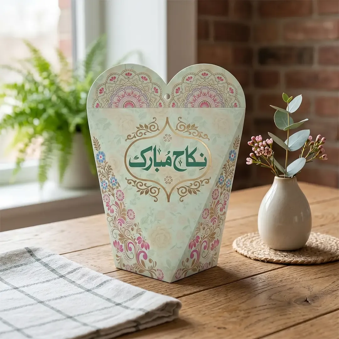Premium Nikah Mubarak Gift Box Printing in Delhi by Printel Deziner featuring heart-shape wedding favor boxes