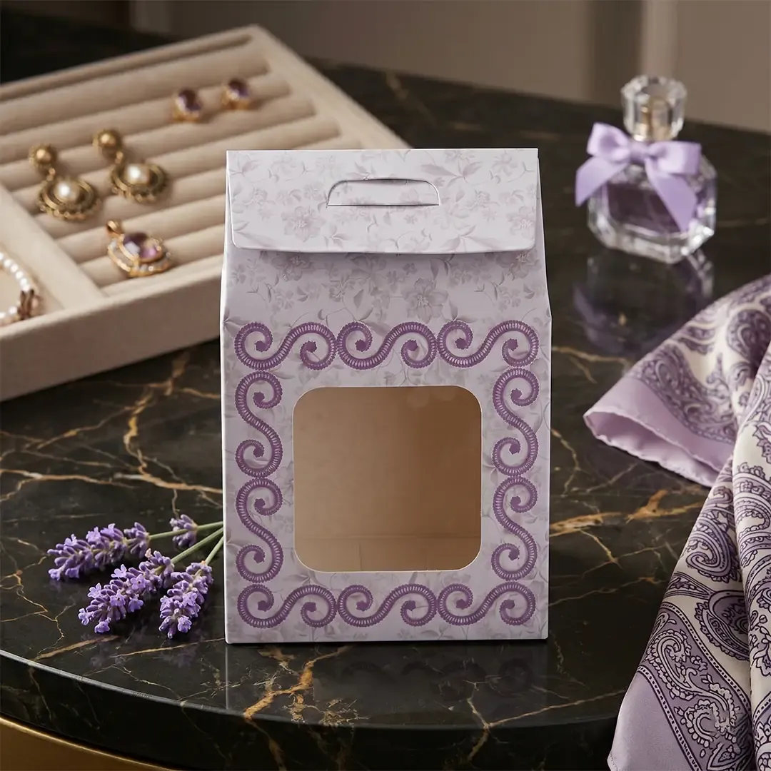 Premium artisan floral handle gift boxes by Custom Gift Box Manufacturers in Delhi Printel Deziner, featuring die-cut windows in pastel pink, green, and cream