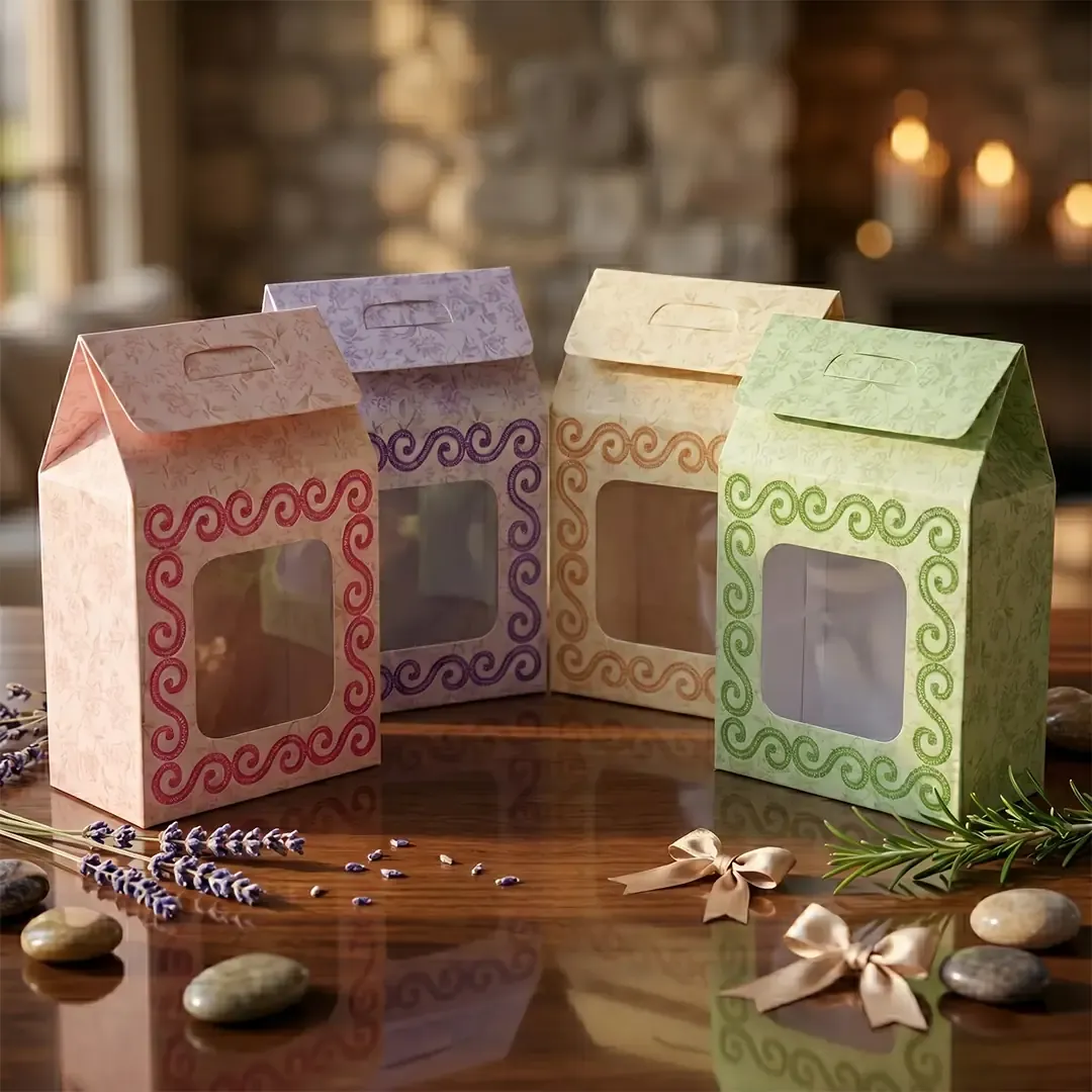 Hut Style Small Window Gift Box 4 Premium artisan floral handle gift boxes by Custom Gift Box Manufacturers in Delhi Printel Deziner, featuring die-cut windows in pastel pink, green, and cream