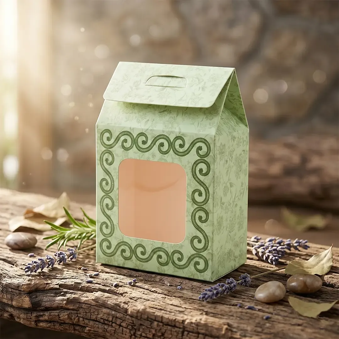 Premium artisan floral handle gift boxes by Custom Gift Box Manufacturers in Delhi Printel Deziner, featuring die-cut windows in pastel pink, green, and cream