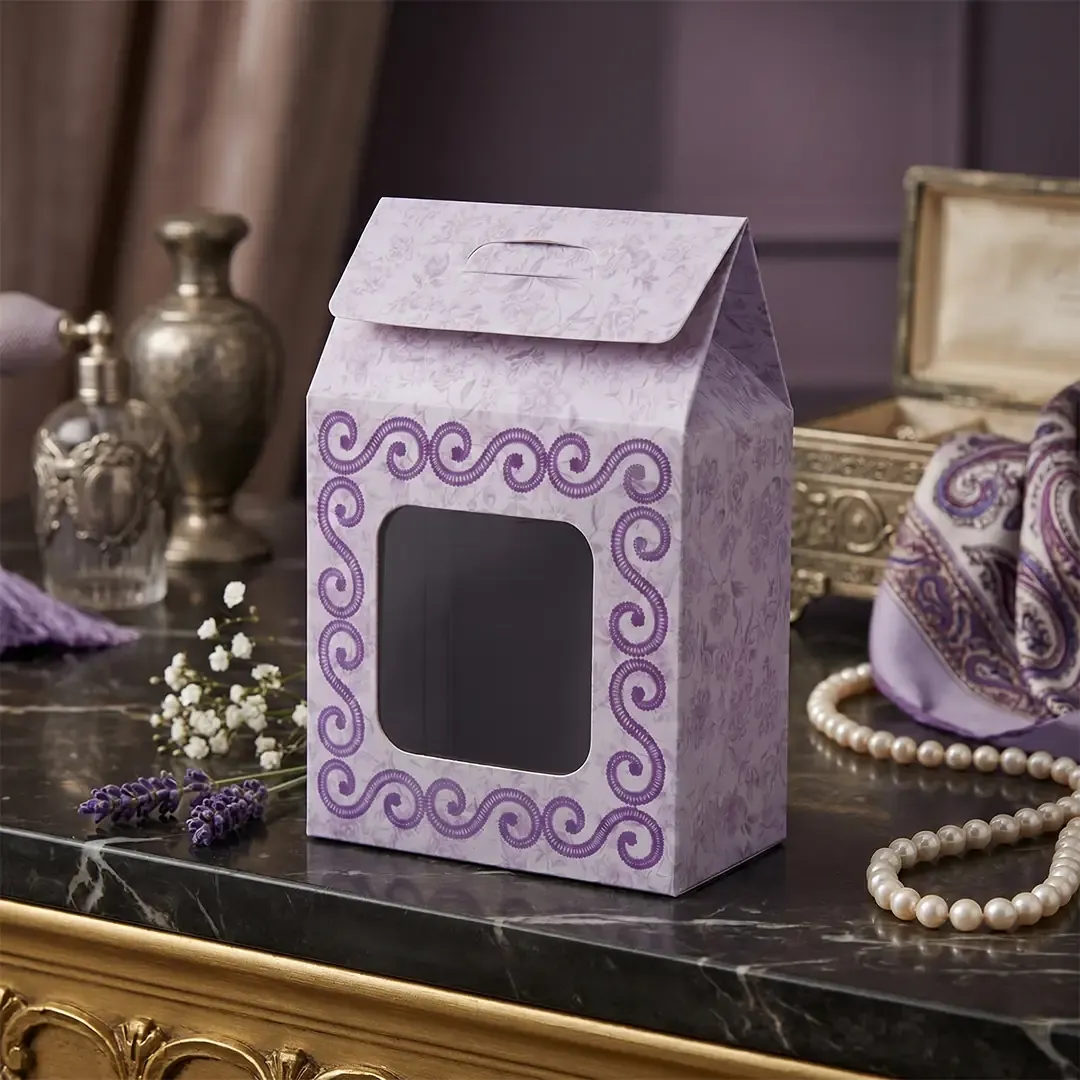 Premium artisan floral handle gift boxes by Custom Gift Box Manufacturers in Delhi Printel Deziner, featuring die-cut windows in pastel pink, green, and cream