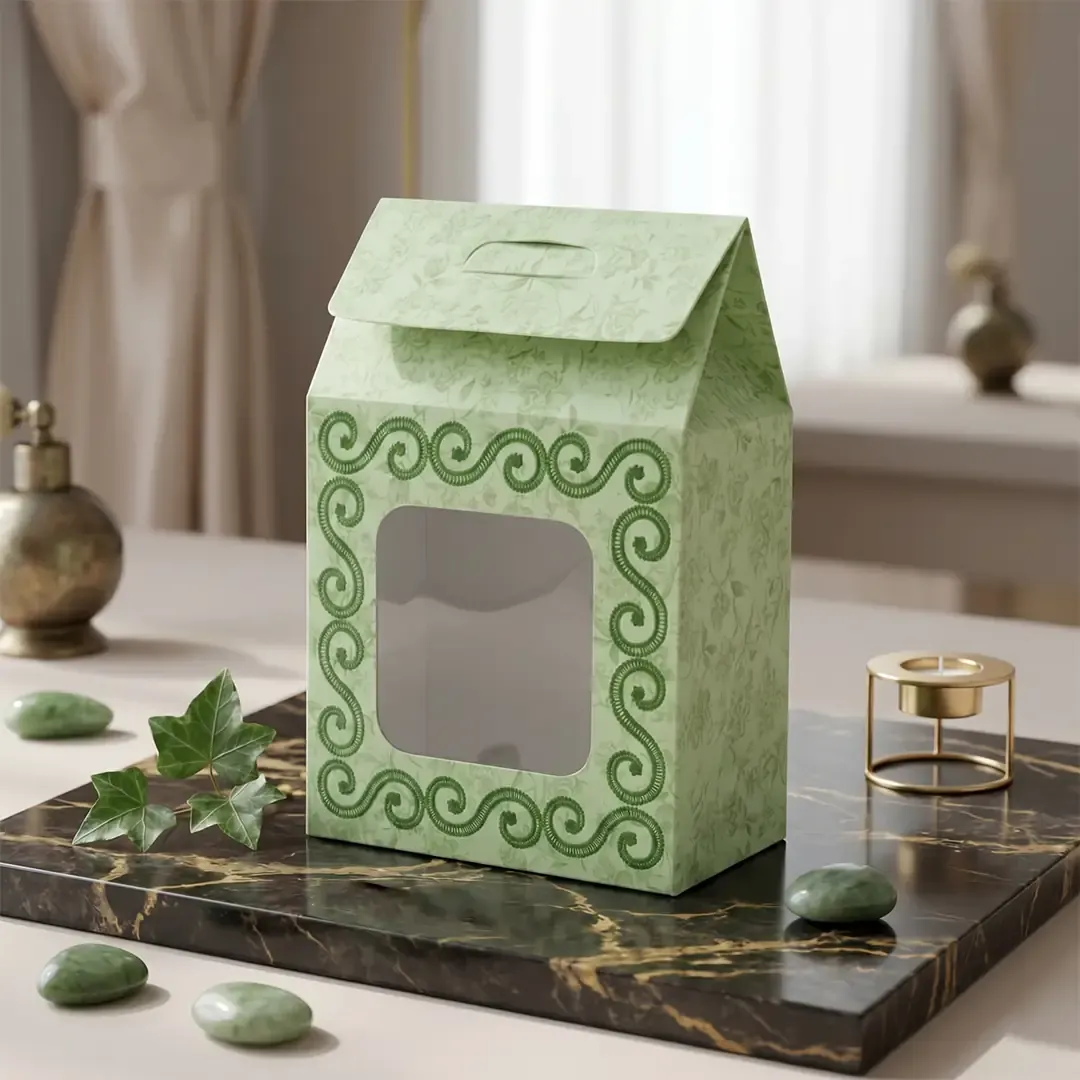 Hut Style Small Window Gift Box 3 Premium artisan floral handle gift boxes by Custom Gift Box Manufacturers in Delhi Printel Deziner, featuring die-cut windows in pastel pink, green, and cream