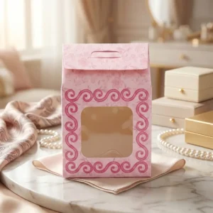 Premium artisan floral handle gift boxes by Custom Gift Box Manufacturers in Delhi Printel Deziner, featuring die-cut windows in pastel pink, green, and cream