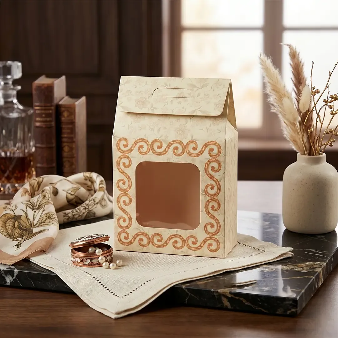Hut Style Small Window Gift Box 1 Premium artisan floral handle gift boxes by Custom Gift Box Manufacturers in Delhi Printel Deziner, featuring die-cut windows in pastel pink, green, and cream