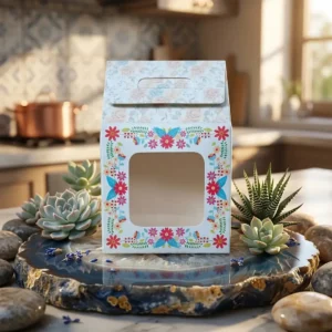 Premium Custom Box Printing in Delhi by Printel Deziner featuring floral handle favor boxes with die-cut windows for luxury sweets and gifts