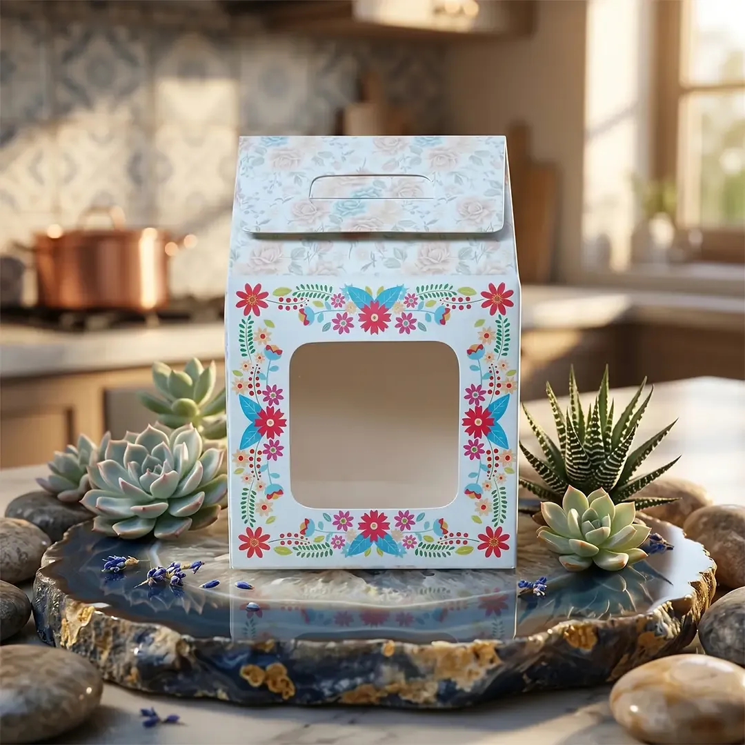 Premium Custom Box Printing in Delhi by Printel Deziner featuring floral handle favor boxes with die-cut windows for luxury sweets and gifts