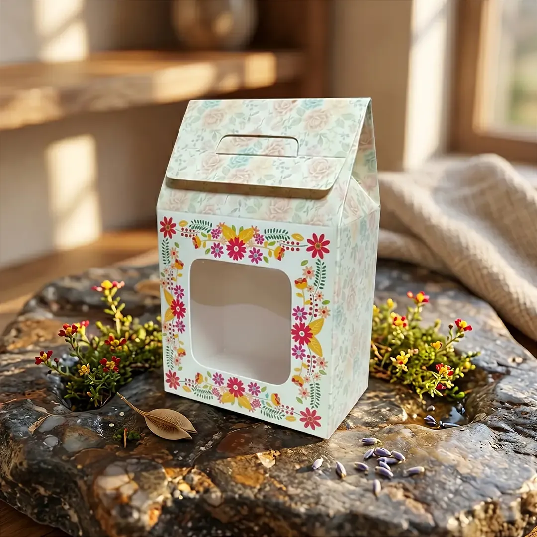 Hut Style Medium Window Gift Box 4 Premium Custom Box Printing in Delhi by Printel Deziner featuring floral handle favor boxes with die-cut windows for luxury sweets and gifts