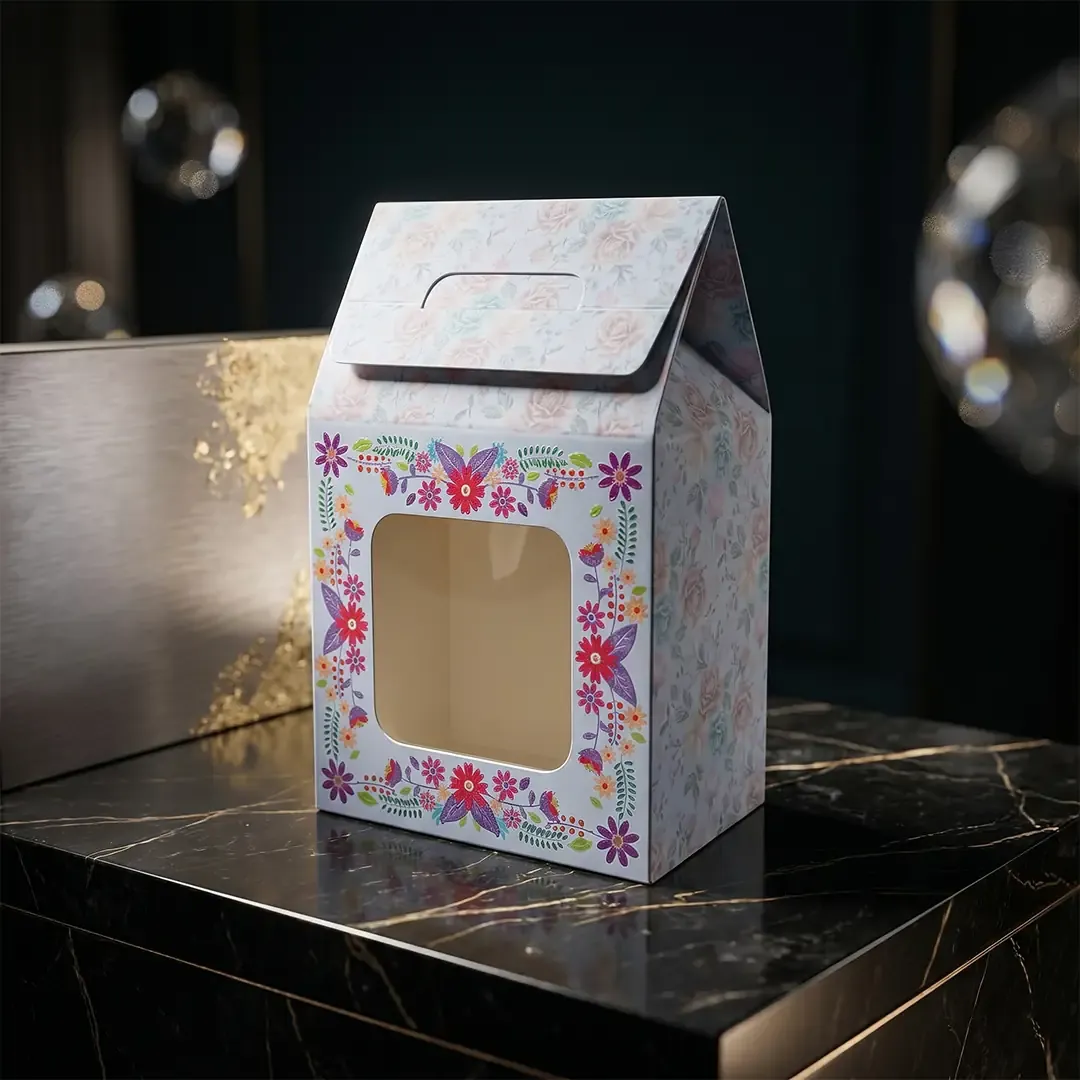 Premium Custom Box Printing in Delhi by Printel Deziner featuring floral handle favor boxes with die-cut windows for luxury sweets and gifts