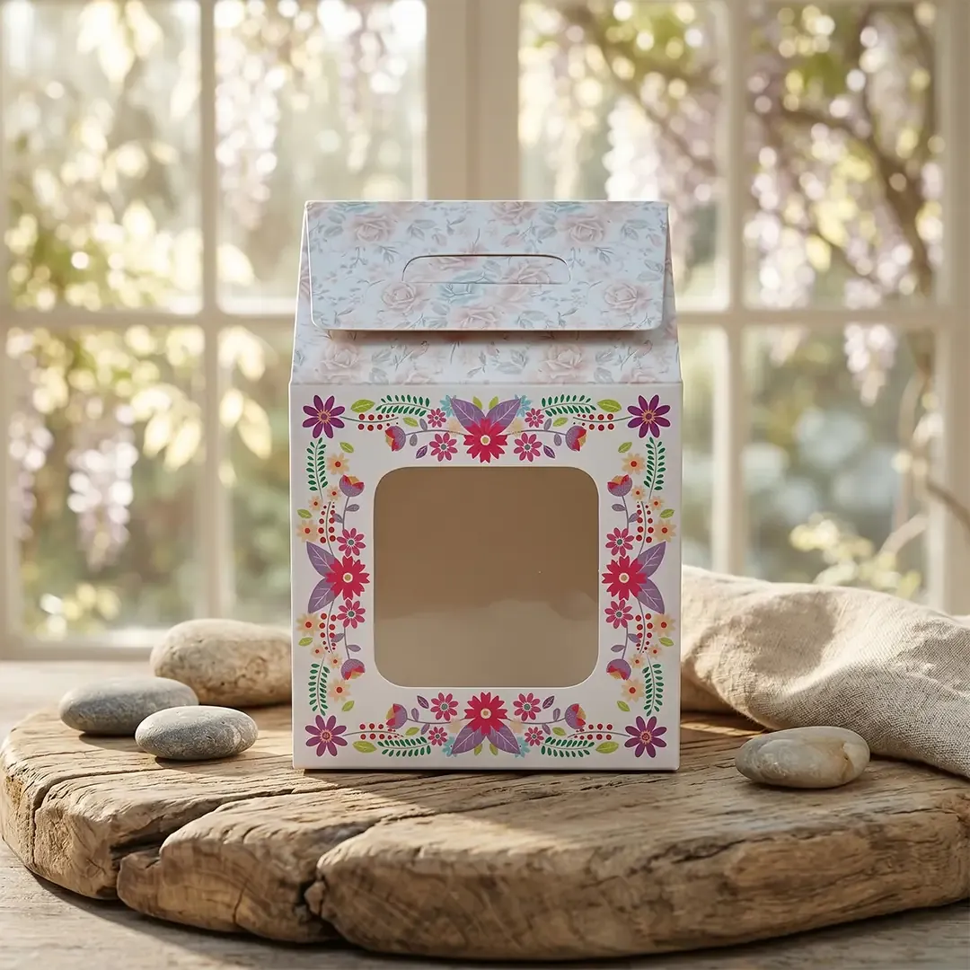 Hut Style Medium Window Gift Box 2 Premium Custom Box Printing in Delhi by Printel Deziner featuring floral handle favor boxes with die-cut windows for luxury sweets and gifts