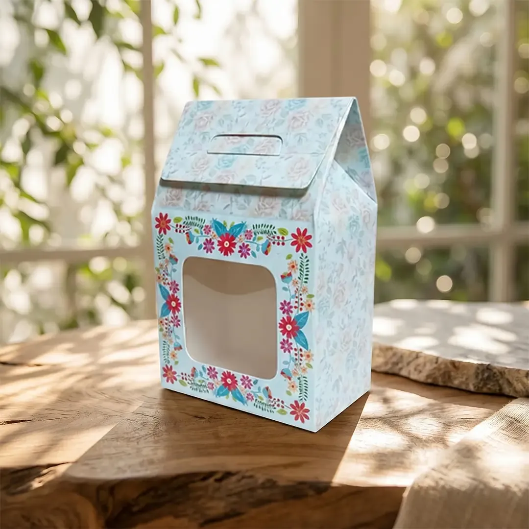 Hut Style Medium Window Gift Box 3 Premium Custom Box Printing in Delhi by Printel Deziner featuring floral handle favor boxes with die-cut windows for luxury sweets and gifts