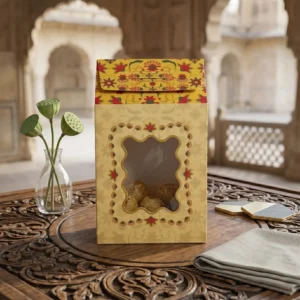 Premium Hut Shape Sweet Box Printing in Delhi by Printel Deziner featuring traditional floral motifs and die-cut windows for mithai and dry fruits.