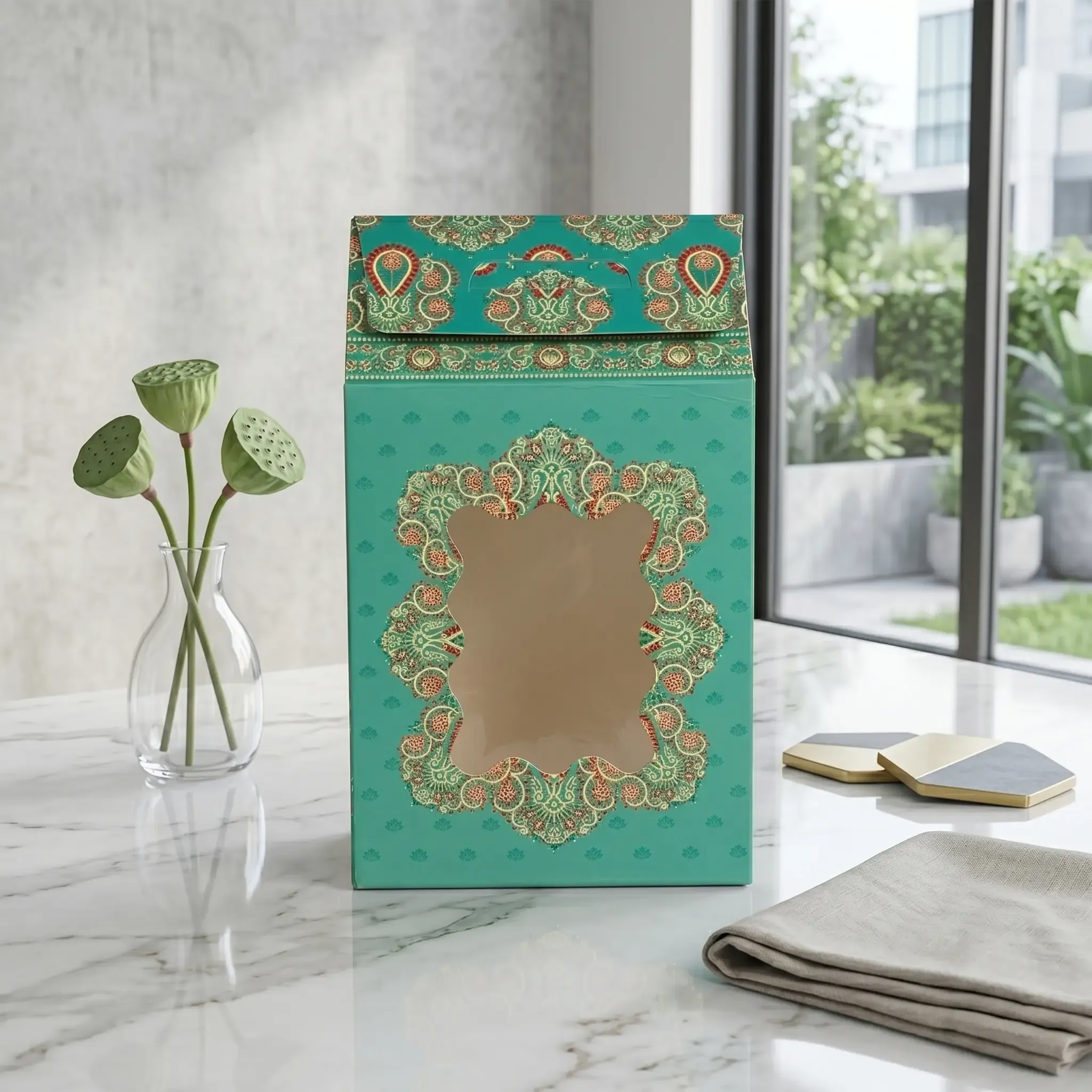 Hut-Style Window Gift Box - Large 4 Premium Hut Shape Sweet Box Printing in Delhi by Printel Deziner featuring traditional floral motifs and die-cut windows for mithai and dry fruits.