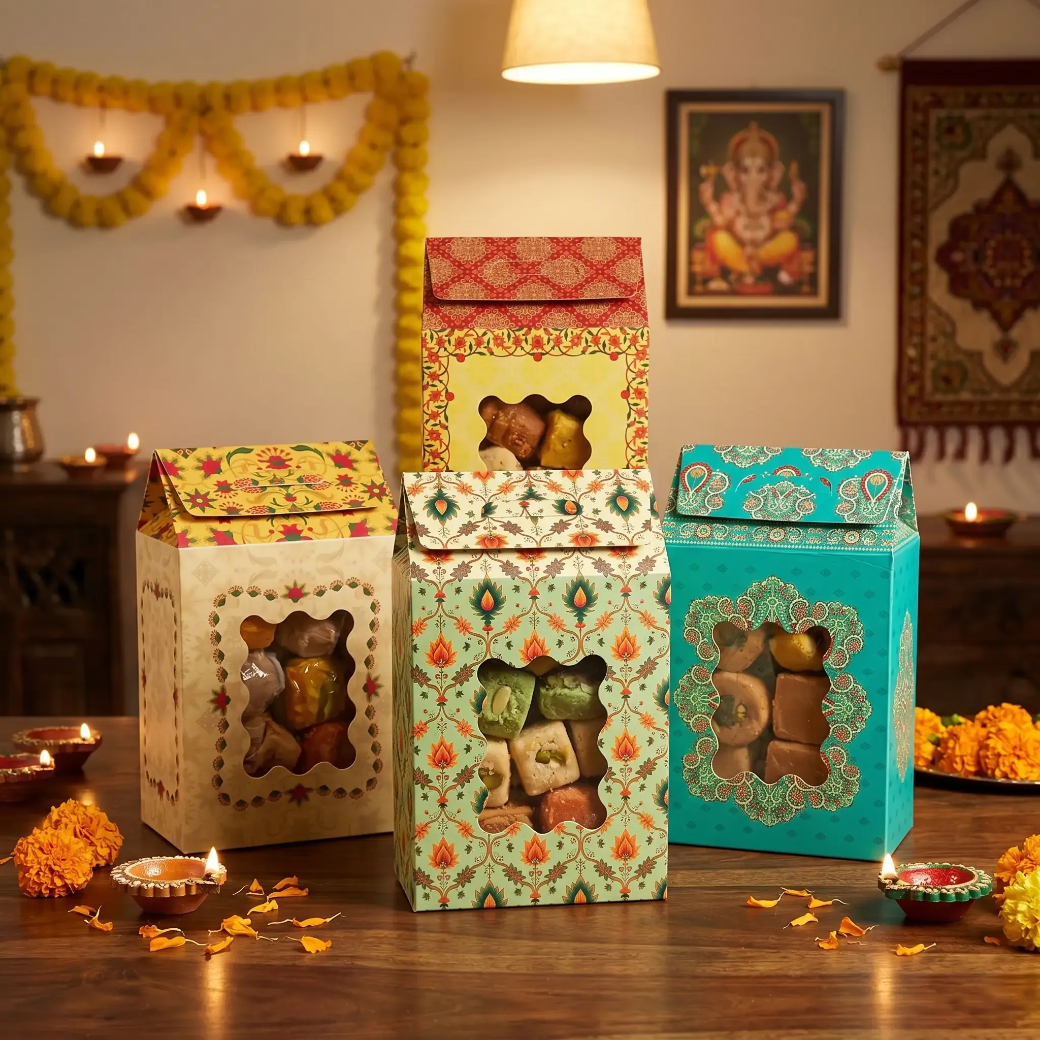 Hut-Style Window Gift Box - Large 3 Premium Hut Shape Sweet Box Printing in Delhi by Printel Deziner featuring traditional floral motifs and die-cut windows for mithai and dry fruits.