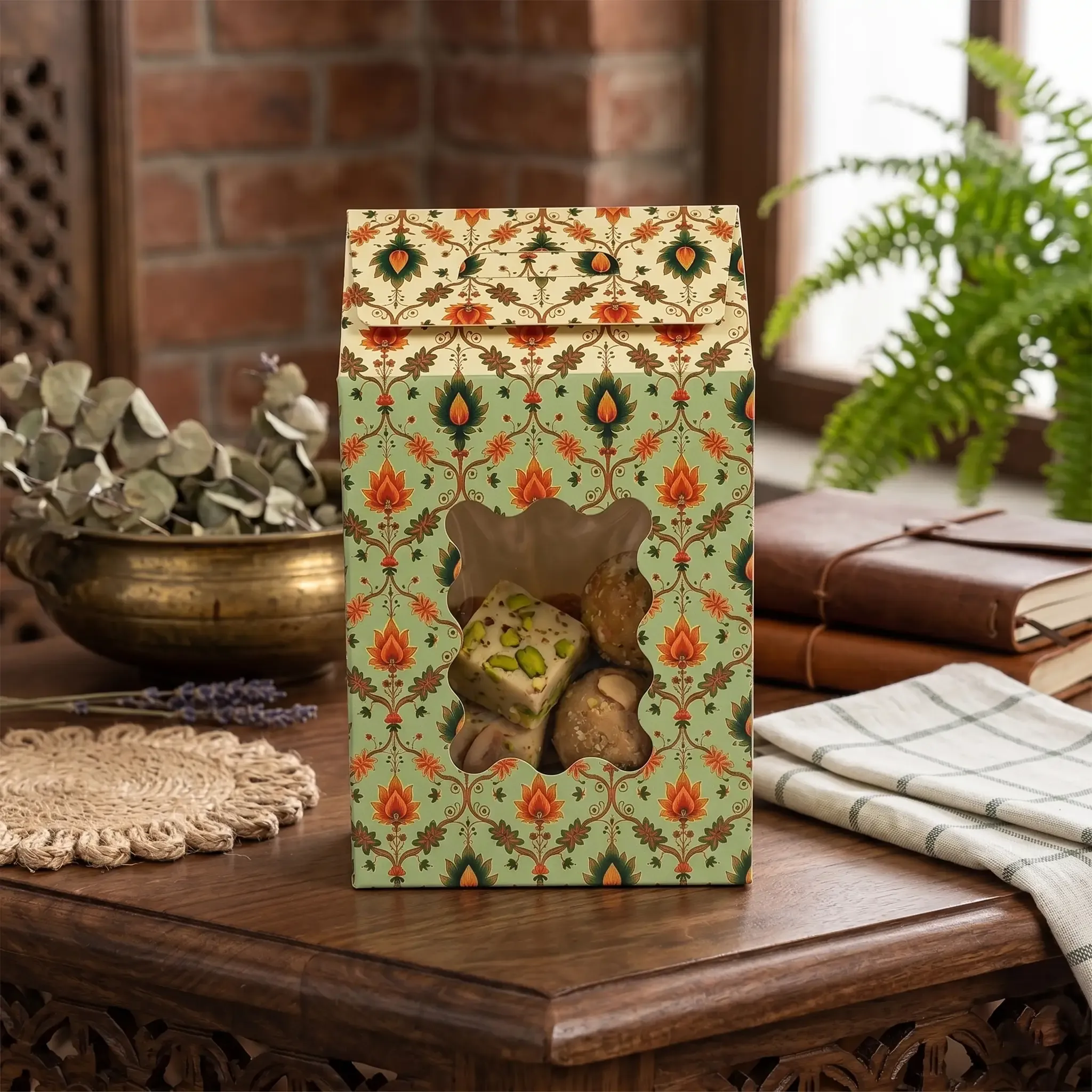 Hut-Style Window Gift Box - Large 2 Premium Hut Shape Sweet Box Printing in Delhi by Printel Deziner featuring traditional floral motifs and die-cut windows for mithai and dry fruits.