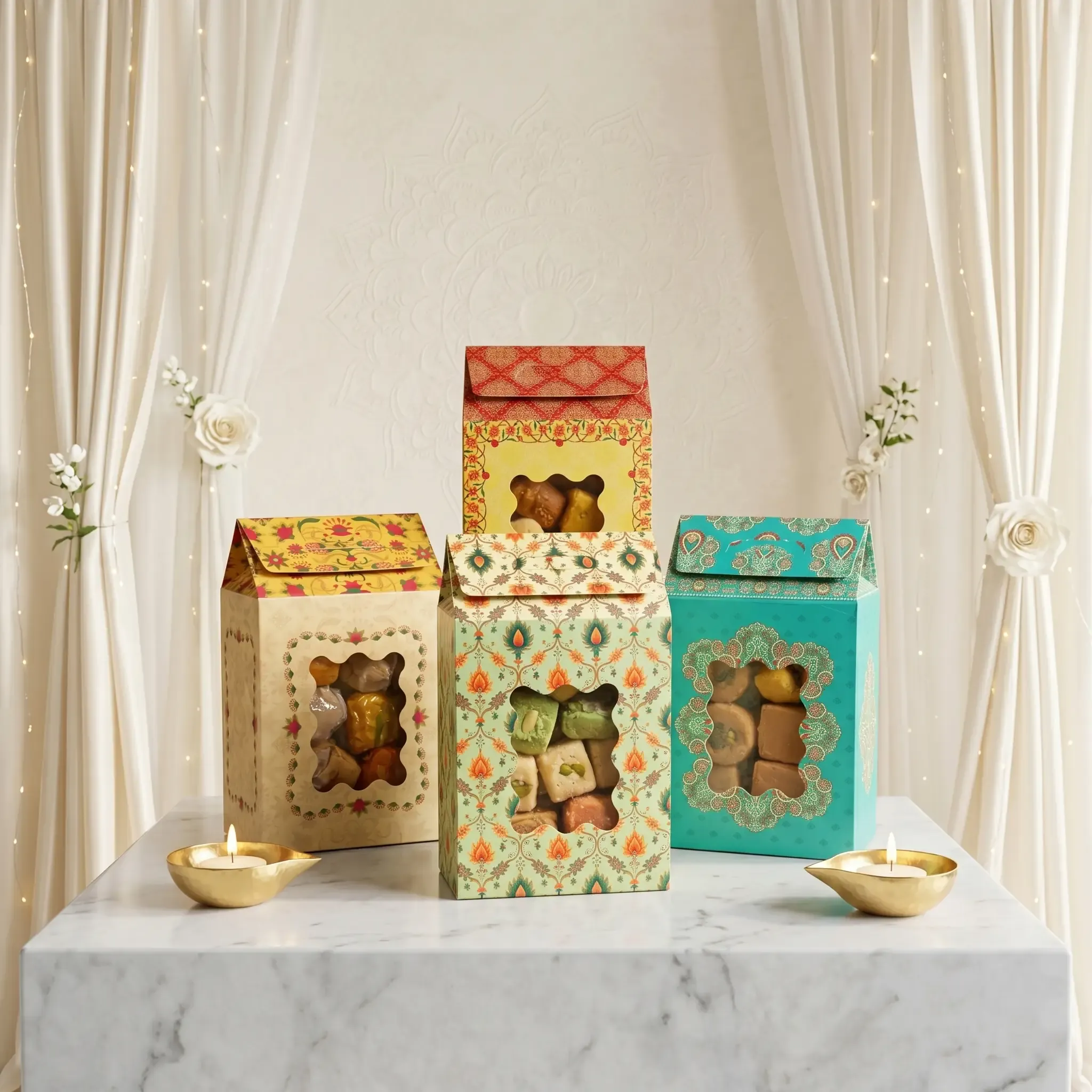 Hut-Style Window Gift Box - Large 1 Premium Hut Shape Sweet Box Printing in Delhi by Printel Deziner featuring traditional floral motifs and die-cut windows for mithai and dry fruits.