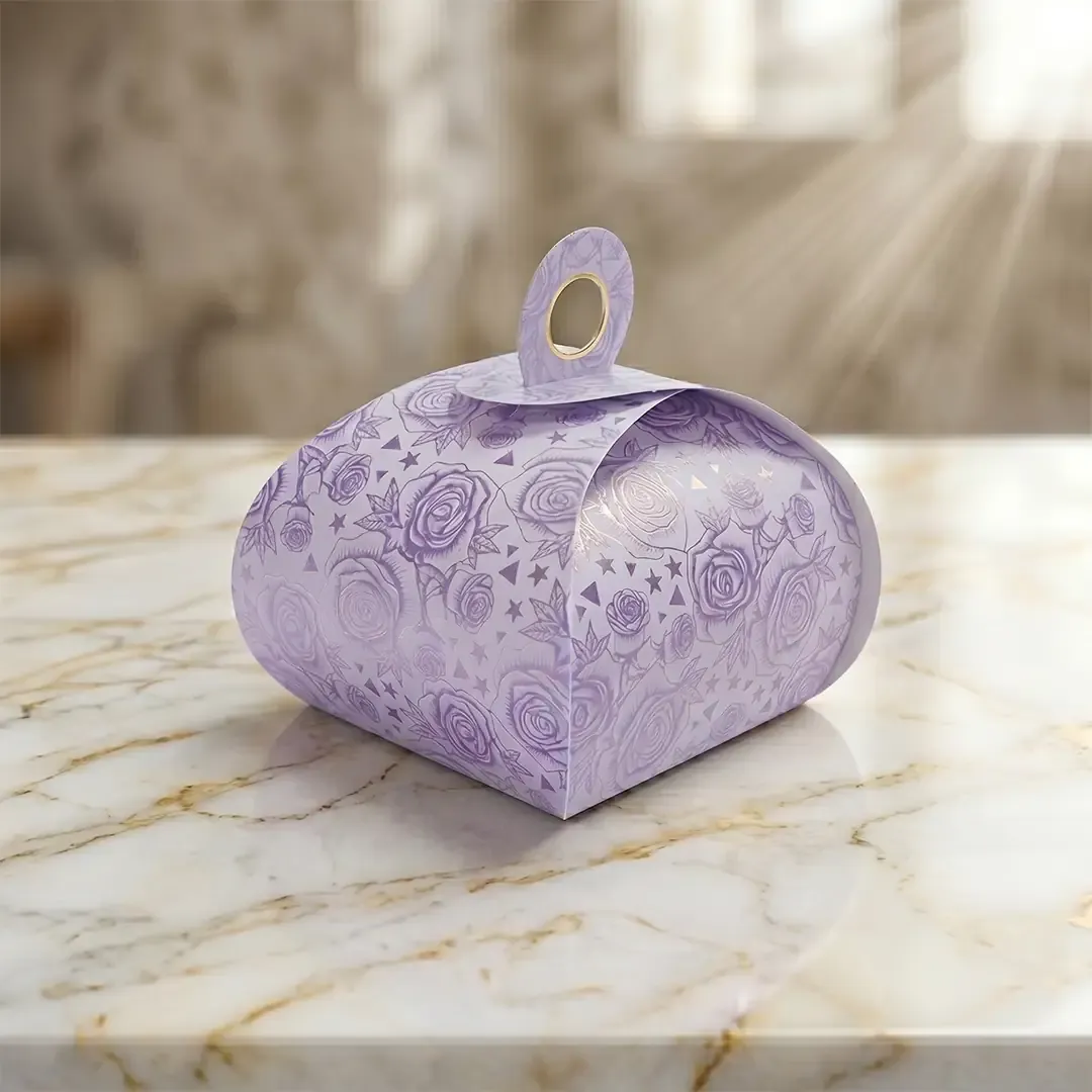 Lotus Style Gift Box Small 2 Premium Lotus Shape Custom Gifting Boxes in Delhi by Printel Deziner featuring floral rose patterns and integrated handles in pink, lavender, and mint colors
