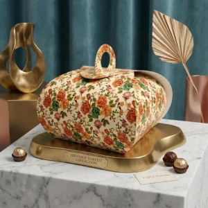 Premium Lotus Shape Custom Gift Box Printing in Delhi by Printel Deziner featuring artisan floral patterns and integrated handles for luxury sweets and chocolates