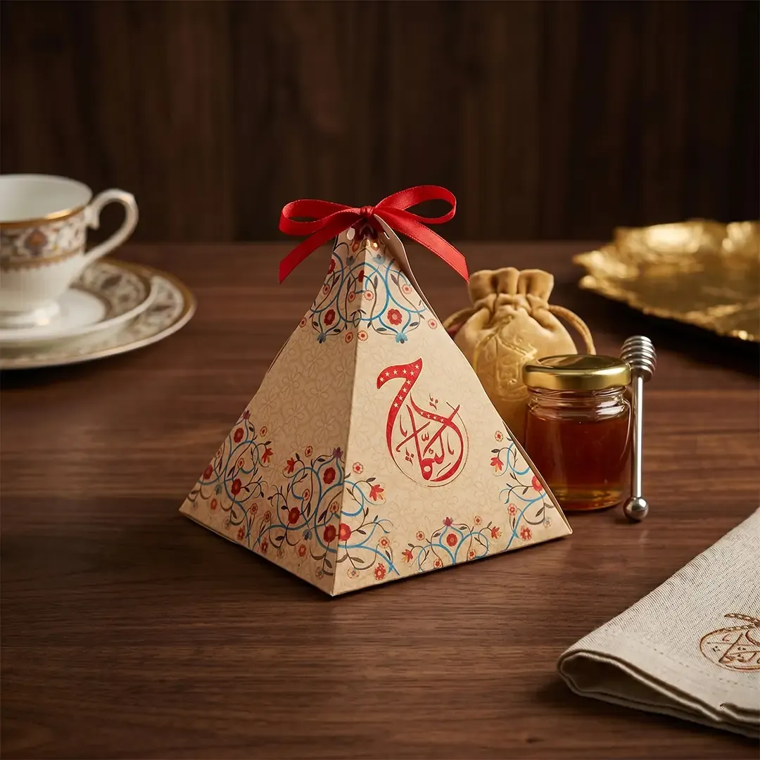 Premium Custom Pyramid Shape Gifting Boxes by Printel Deziner Delhi featuring traditional mandala patterns and silk ribbon closures in pastel pink, blue, and cream
