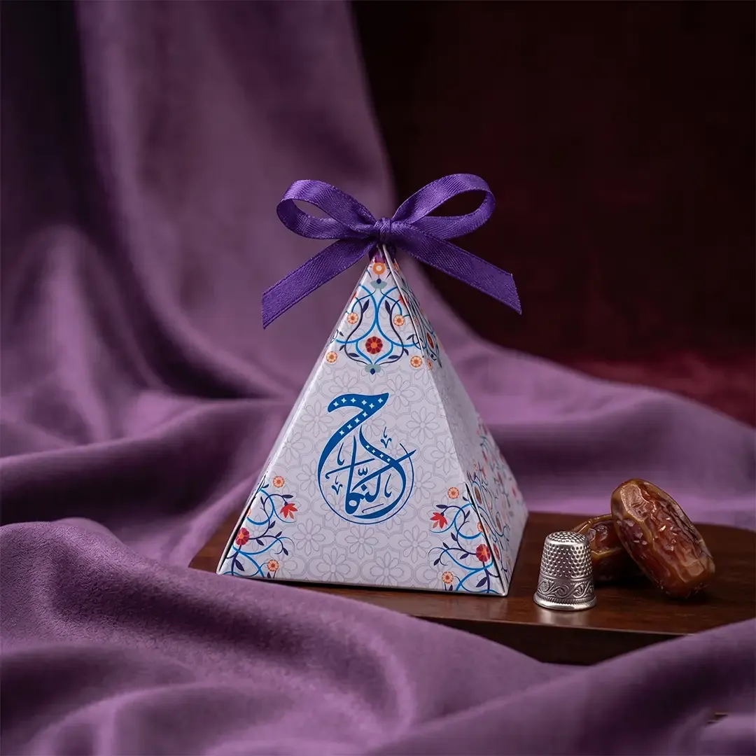 Pyramid Shape Nikah Mubarak Gift Box 2 Premium Custom Pyramid Shape Gifting Boxes by Printel Deziner Delhi featuring traditional mandala patterns and silk ribbon closures in pastel pink, blue, and cream
