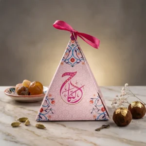 Premium Custom Pyramid Shape Gifting Boxes by Printel Deziner Delhi featuring traditional mandala patterns and silk ribbon closures in pastel pink, blue, and cream