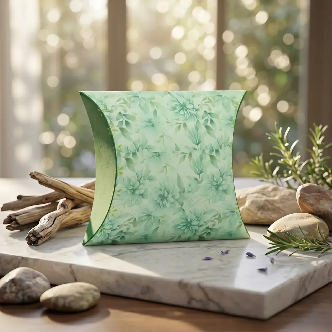 Premium small pillow box printing in Delhi by Printel Deziner featuring floral patterns in mint, yellow, and lavender for luxury gifting and wedding favors