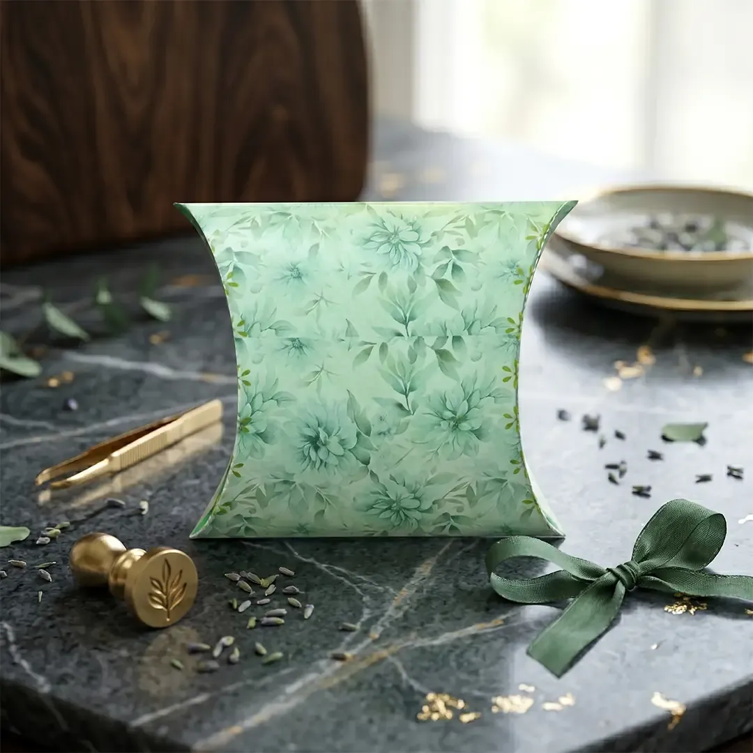 Premium small pillow box printing in Delhi by Printel Deziner featuring floral patterns in mint, yellow, and lavender for luxury gifting and wedding favors