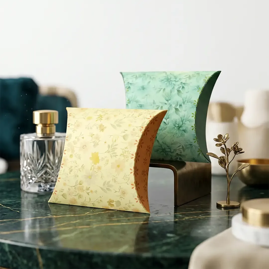 Premium small pillow box printing in Delhi by Printel Deziner featuring floral patterns in mint, yellow, and lavender for luxury gifting and wedding favors