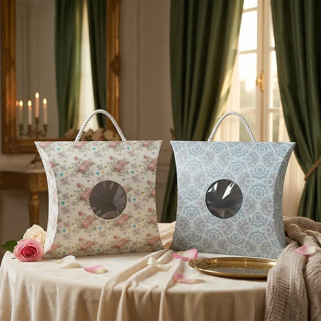 remium large pillow boxes with handles and windows by Pillow Box Manufacturers in Delhi Printel Deziner, featuring rose and mandala prints