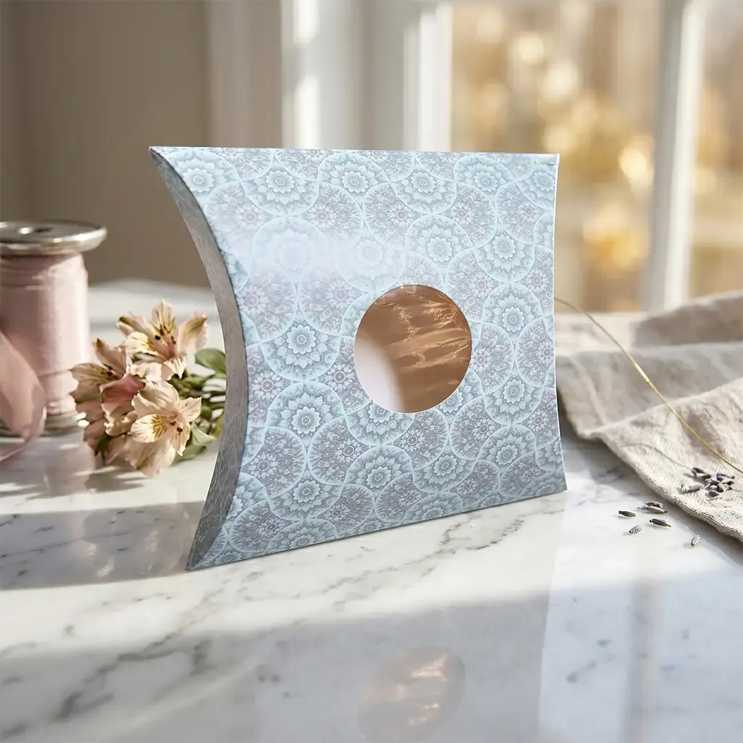 Premium floral window pillow boxes by Pillow Box Printing in Delhi expert Printel Deziner, featuring rose and mandala patterns for luxury sweets and jewelry