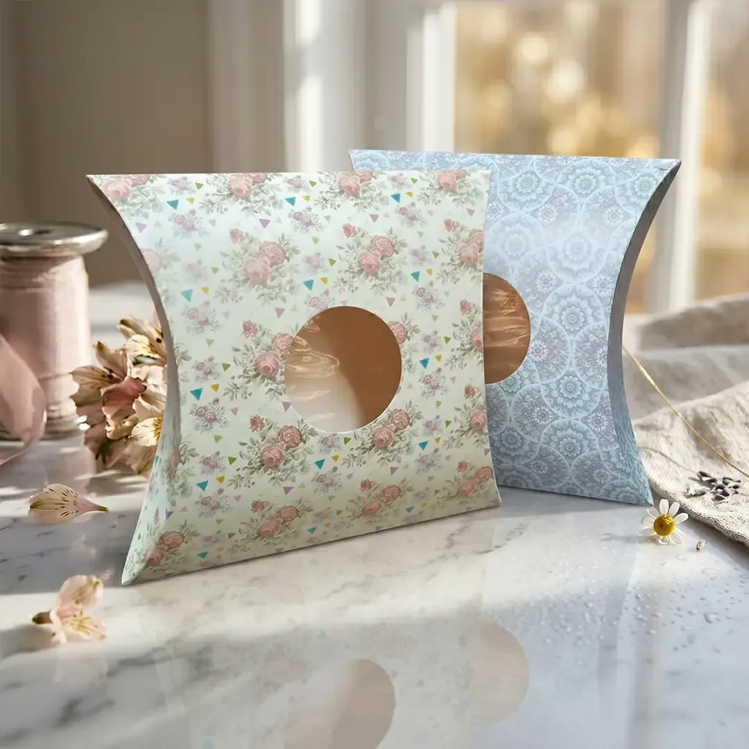 Premium floral window pillow boxes by Pillow Box Printing in Delhi expert Printel Deziner, featuring rose and mandala patterns for luxury sweets and jewelry
