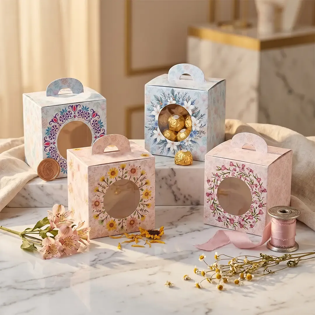 Premium floral handle gift boxes with circular windows for sweets and wedding favors, manufactured by Gift Box Printing in Delhi experts Printel Deziner